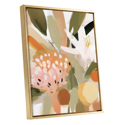 Petals in the Orchard, green, white, pink floral wall art shown as a gold framed canvas wall art