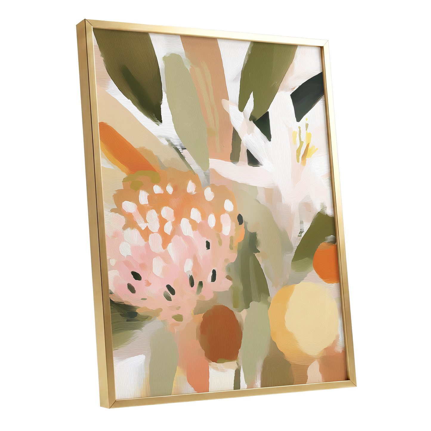 Petals in the Orchard, green, white, pink floral wall art shown as a gold framed poster wall art print