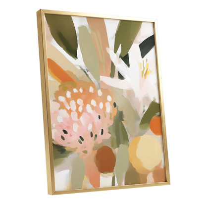 Petals in the Orchard, green, white, pink floral wall art shown as a gold framed poster wall art print