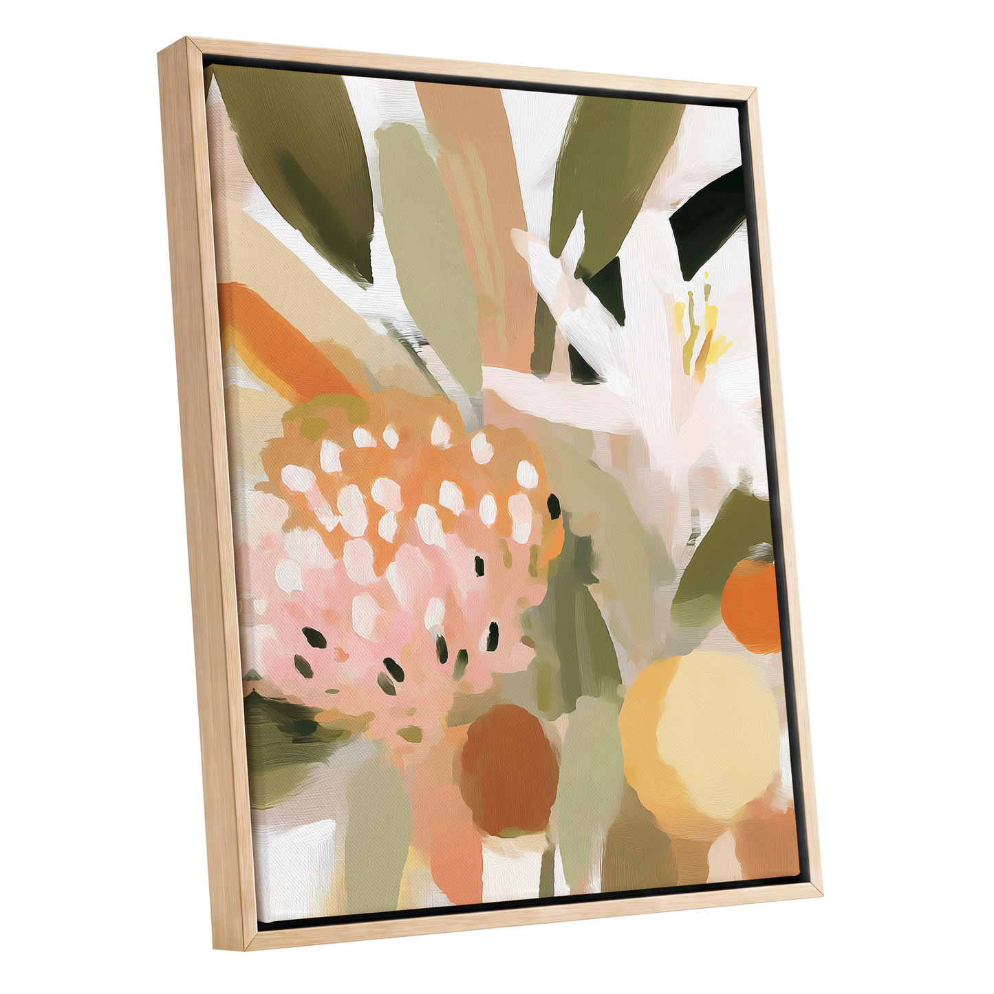 Petals in the Orchard, green, white, pink floral wall art shown as a oak framed canvas wall art