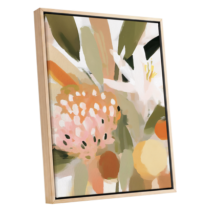 Petals in the Orchard, green, white, pink floral wall art shown as a oak framed canvas wall art
