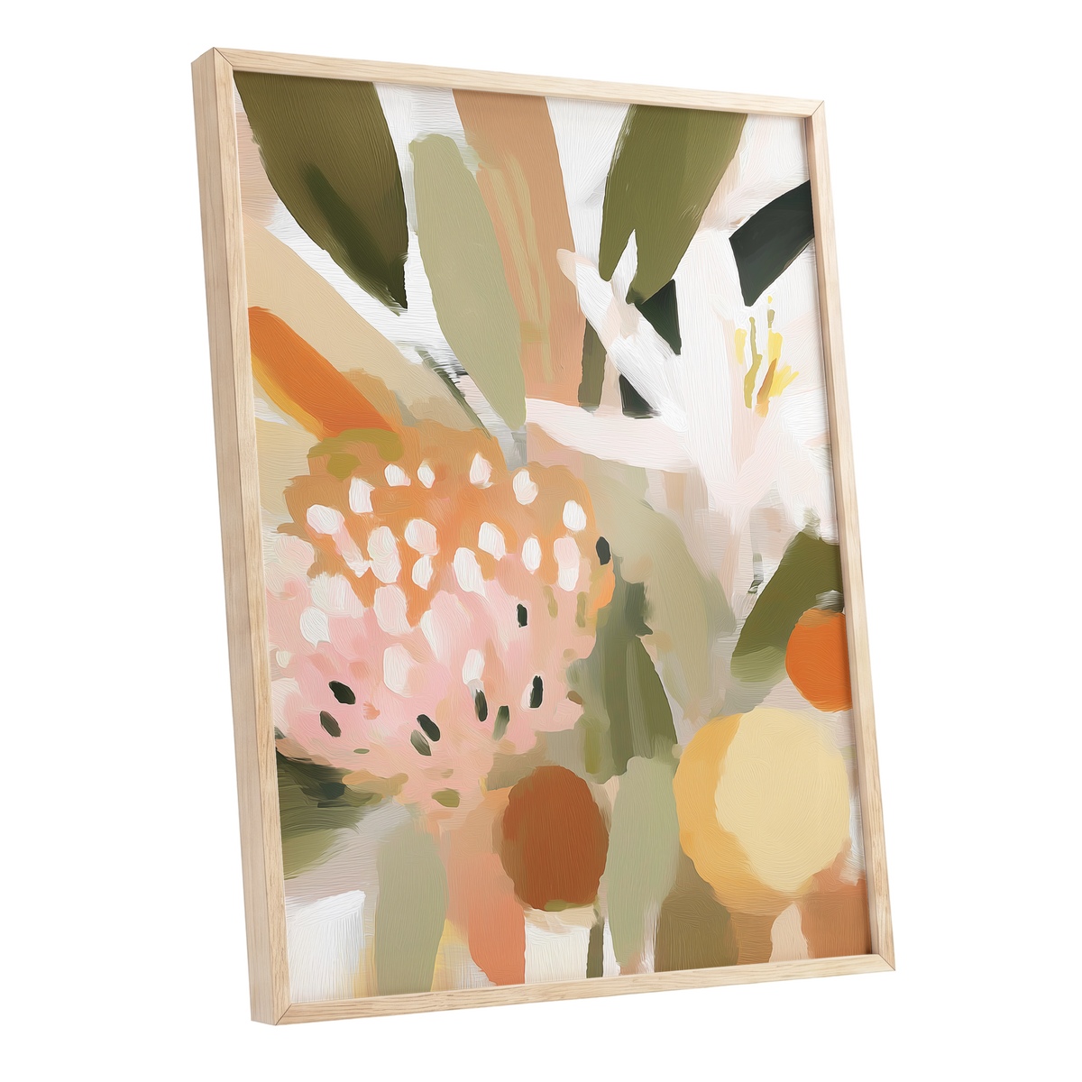 Petals in the Orchard, green, white, pink floral wall art shown as a oak framed poster wall art print