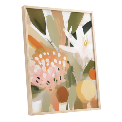 Petals in the Orchard, green, white, pink floral wall art shown as a oak framed poster wall art print