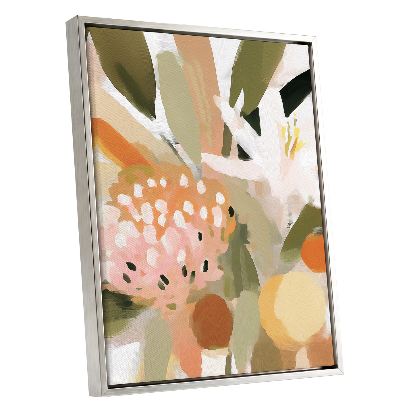 Petals in the Orchard, green, white, pink floral wall art shown as a silver framed canvas wall art
