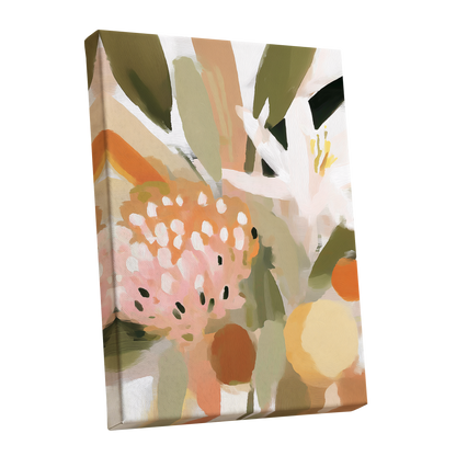 Petals in the Orchard, green, white, pink floral wall art shown as a stretched canvas wall art