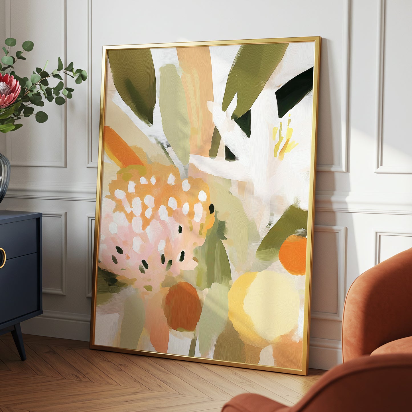 Petals in the Orchard, green, white, pink floral wall art displayed in a styled interior, gallery view 2