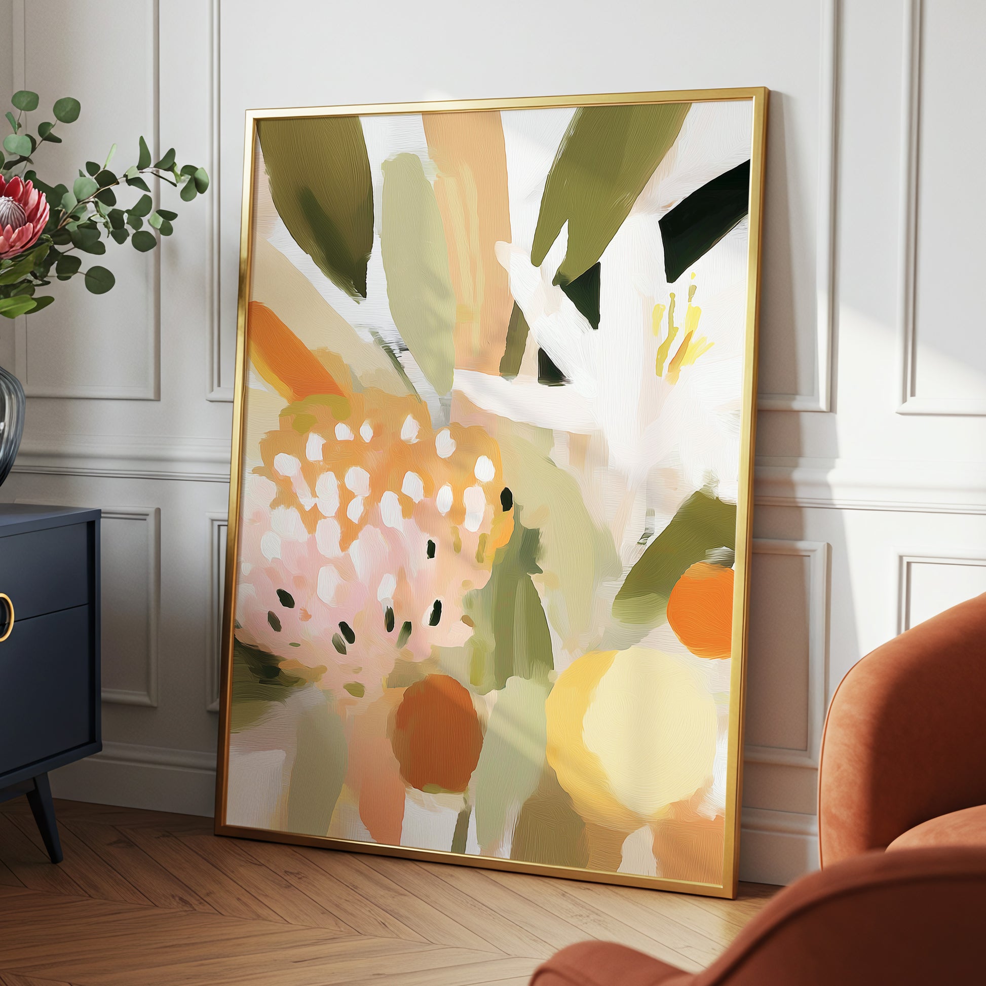 Petals in the Orchard, green, white, pink floral wall art displayed in a styled interior, gallery view 2