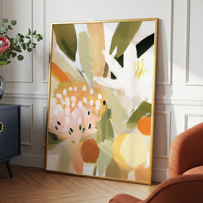 Petals in the Orchard, green, white, pink floral wall art displayed in a styled interior, gallery view 2