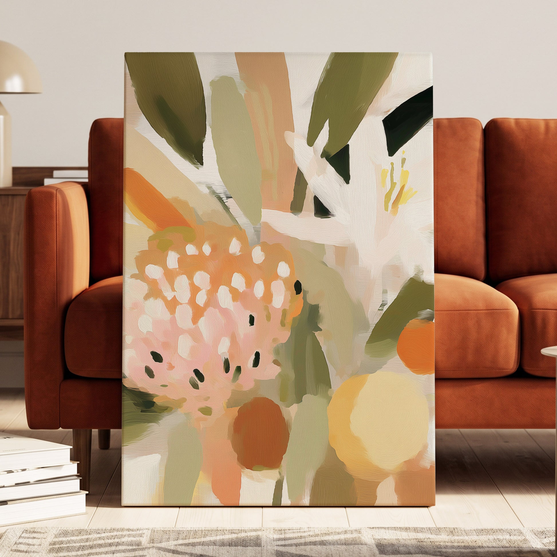 Petals in the Orchard, green, white, pink floral wall art displayed in a styled interior, gallery view 3