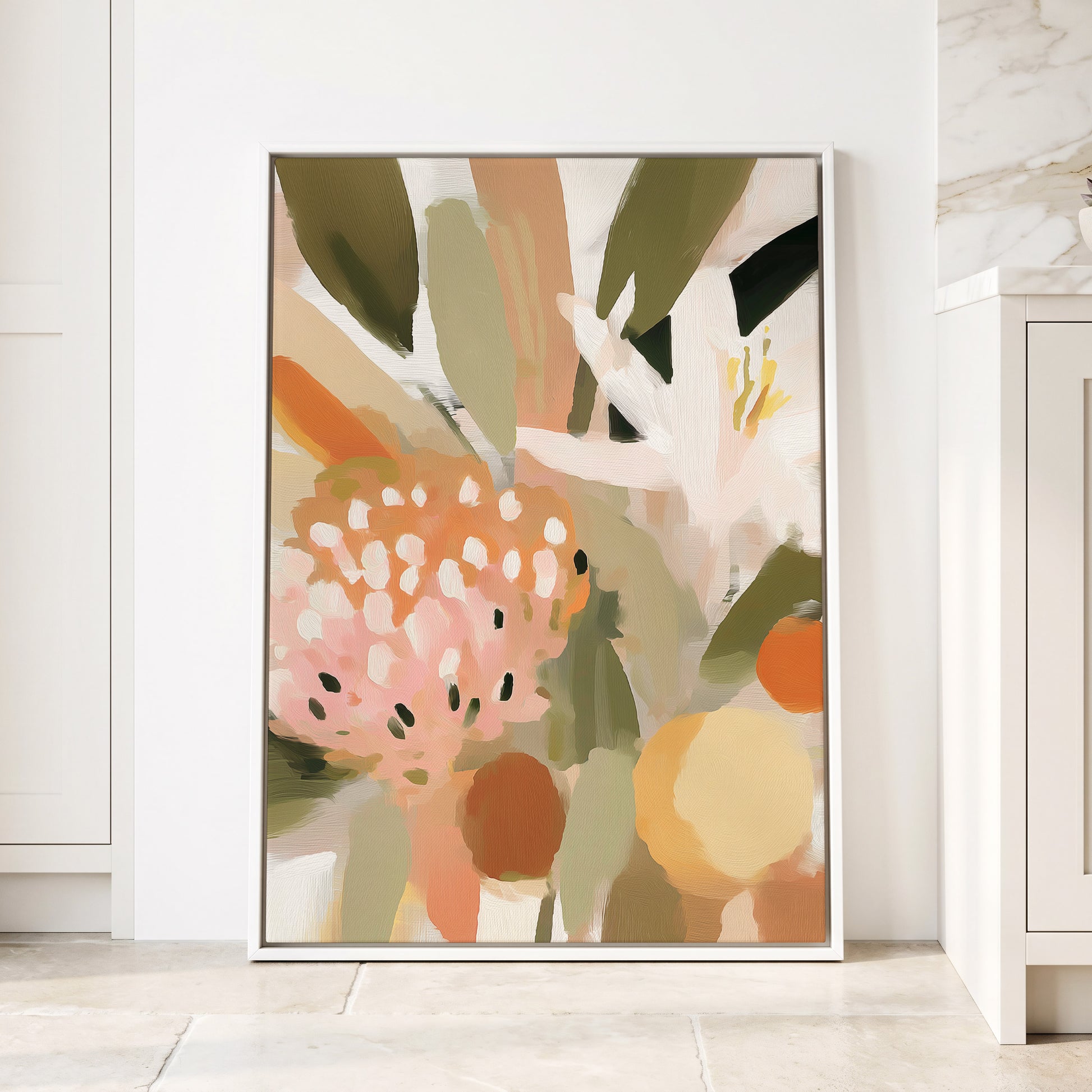 Petals in the Orchard, green, white, pink floral wall art displayed in a styled interior, gallery view 4