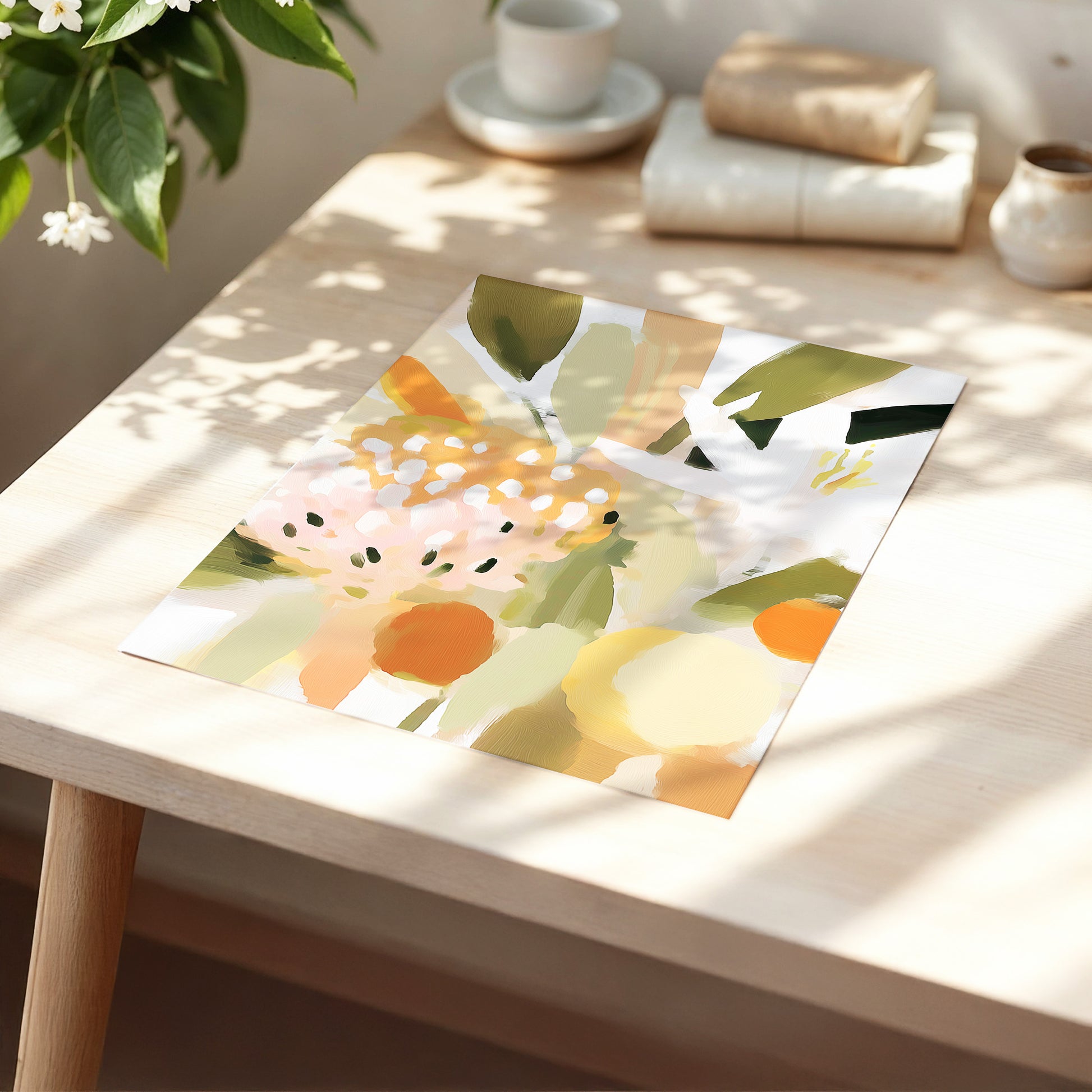 Petals in the Orchard, green, white, pink floral wall art displayed in a styled interior, gallery view 5