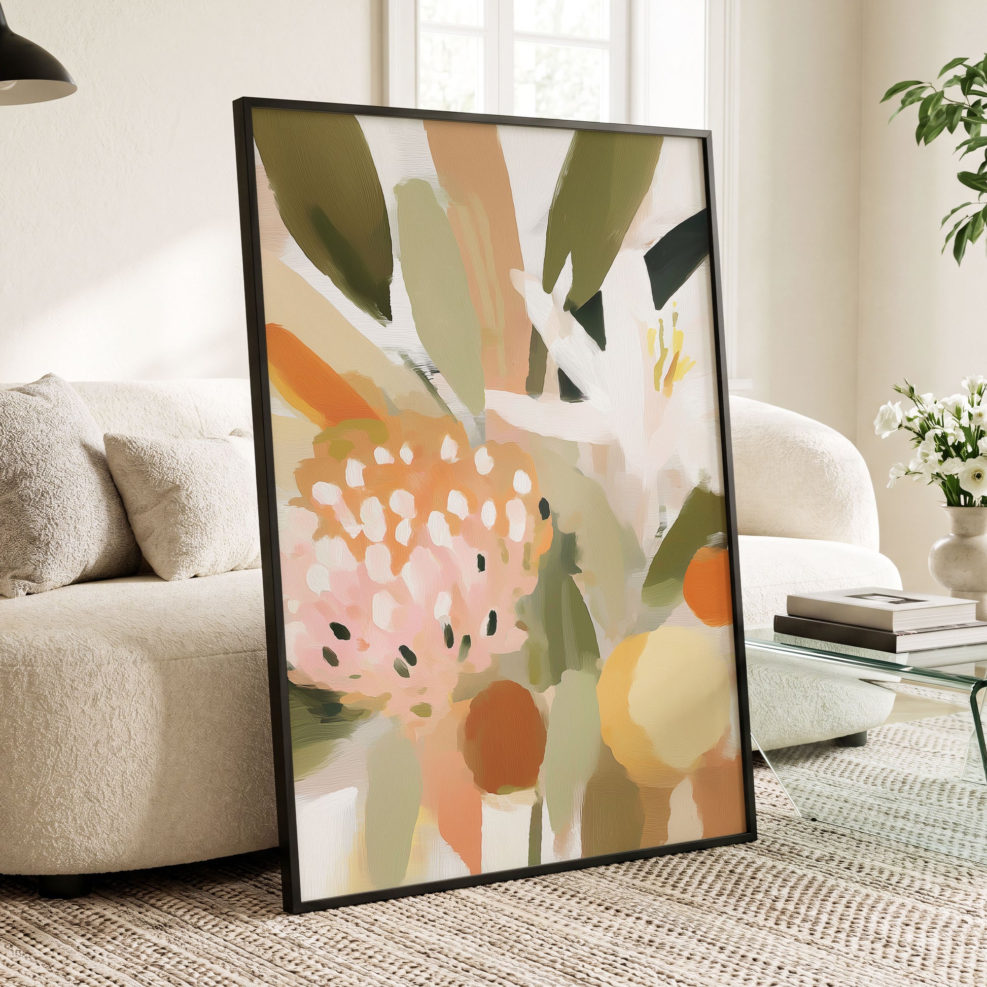 Petals in the Orchard, green, white, pink floral wall art displayed in a styled interior, gallery view 6