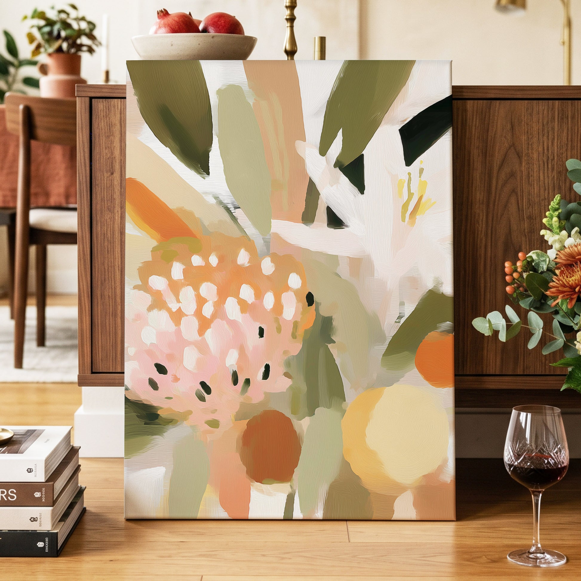 Petals in the Orchard, green, white, pink floral wall art displayed in a styled interior, gallery view 7