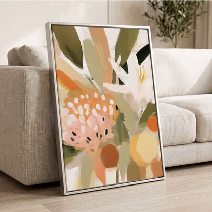 Petals in the Orchard, green, white, pink floral wall art displayed in a styled interior, gallery view 8