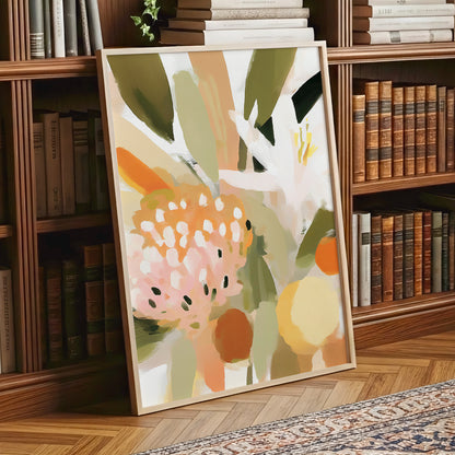 Petals in the Orchard, green, white, pink floral wall art displayed in a styled interior, gallery view 9