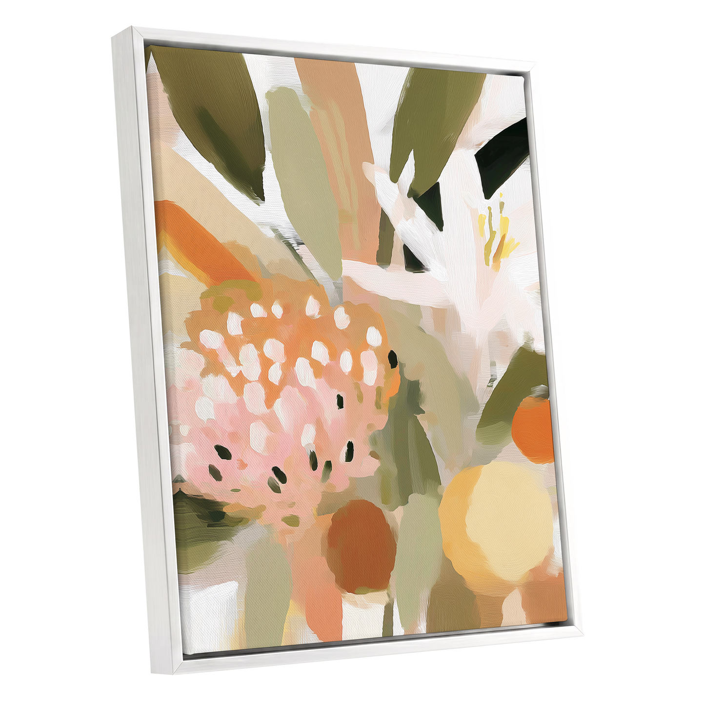 Petals in the Orchard, green, white, pink floral wall art shown as a white framed canvas wall art
