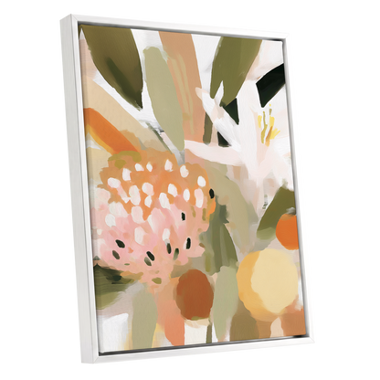Petals in the Orchard, green, white, pink floral wall art shown as a white framed canvas wall art