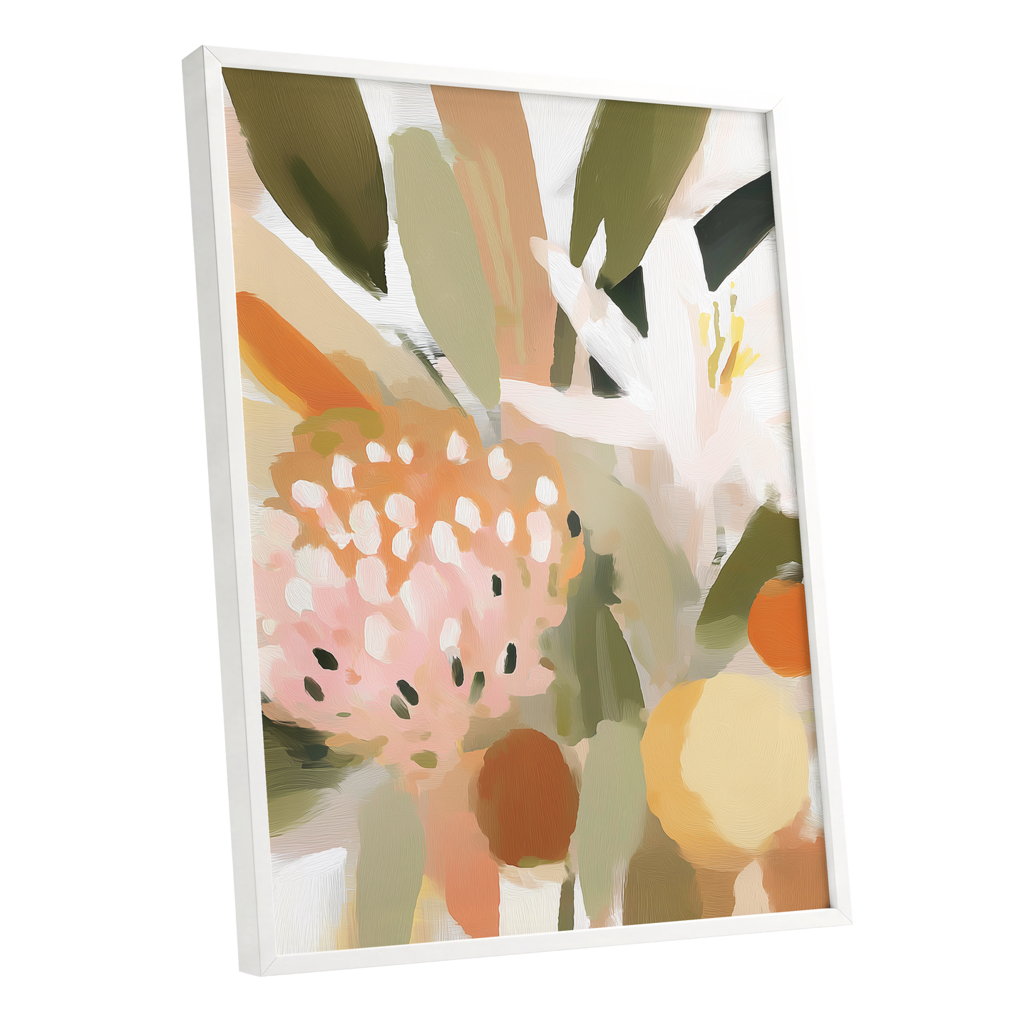 Petals in the Orchard, green, white, pink floral wall art shown as a white framed poster wall art print