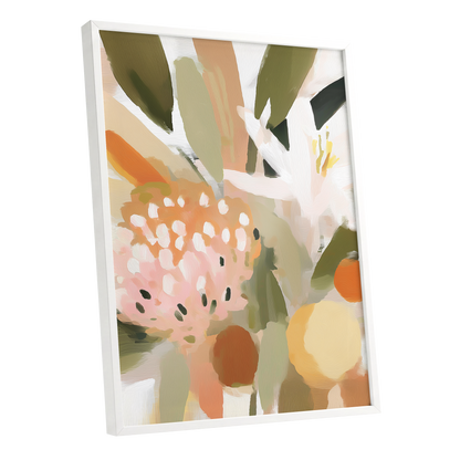 Petals in the Orchard, green, white, pink floral wall art shown as a white framed poster wall art print