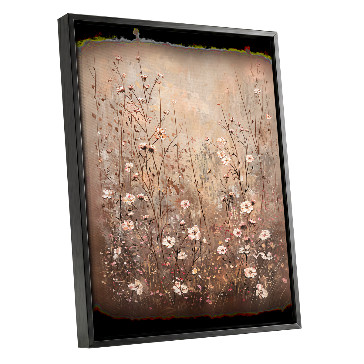 Petals in the Quiet, beige, brown, white floral wall art shown as a black framed canvas wall art