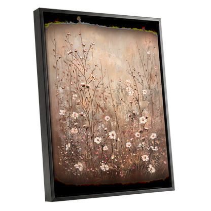 Petals in the Quiet, beige, brown, white floral wall art shown as a black framed canvas wall art