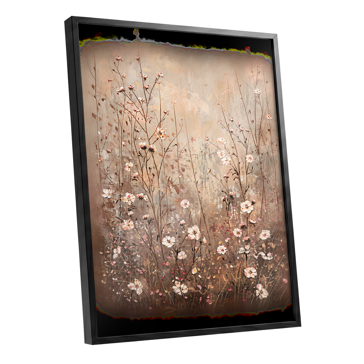Petals in the Quiet, beige, brown, white floral wall art shown as a black framed poster wall art print