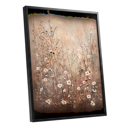 Petals in the Quiet, beige, brown, white floral wall art shown as a black framed poster wall art print