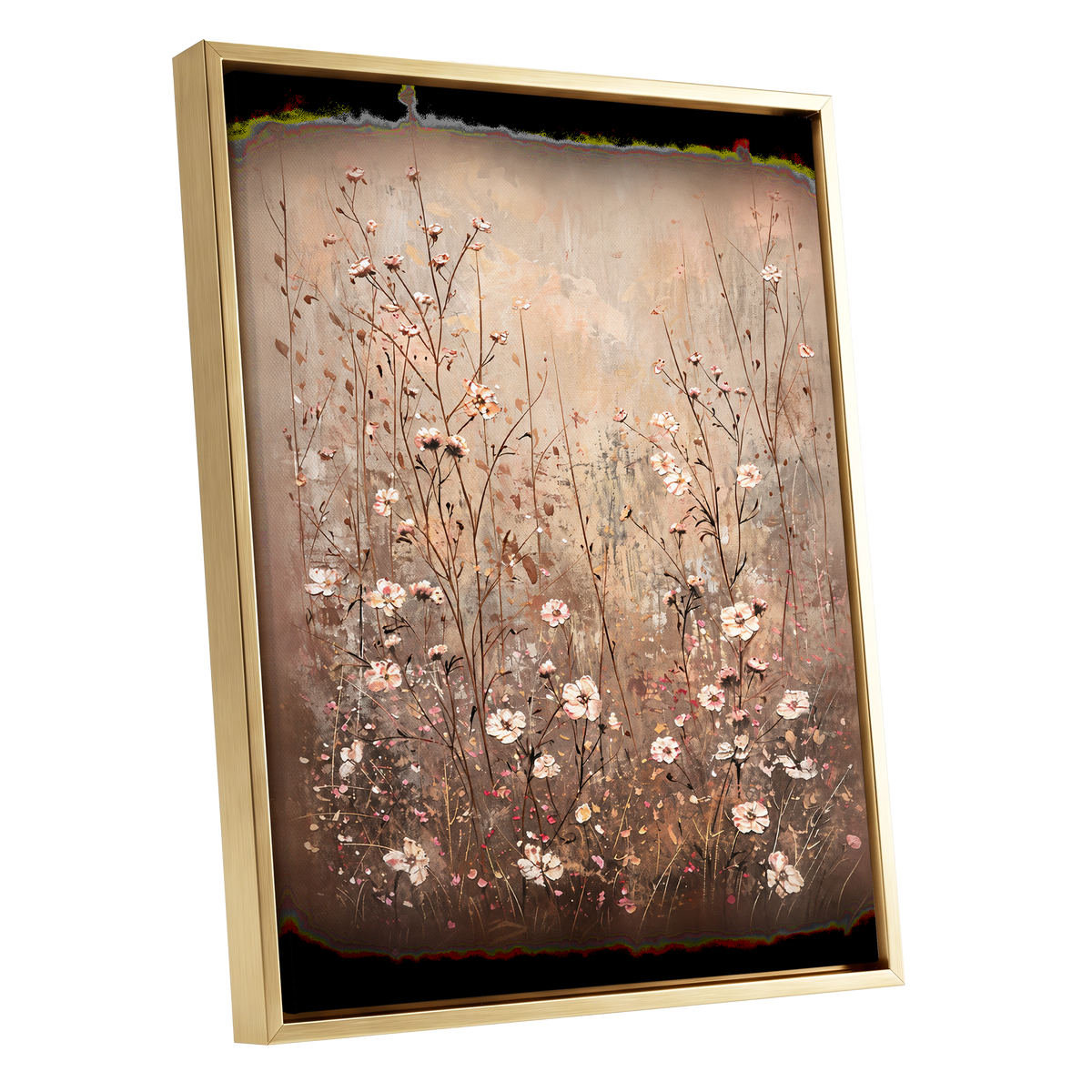 Petals in the Quiet, beige, brown, white floral wall art shown as a gold framed canvas wall art
