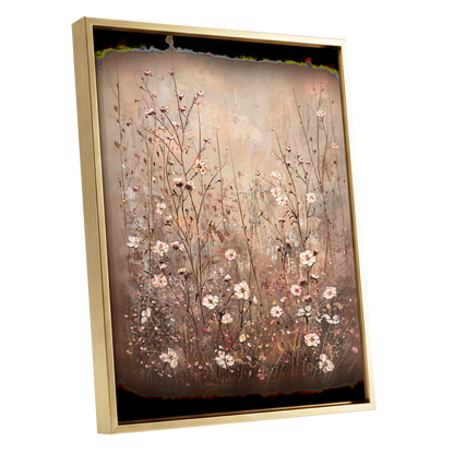 Petals in the Quiet, beige, brown, white floral wall art shown as a gold framed canvas wall art