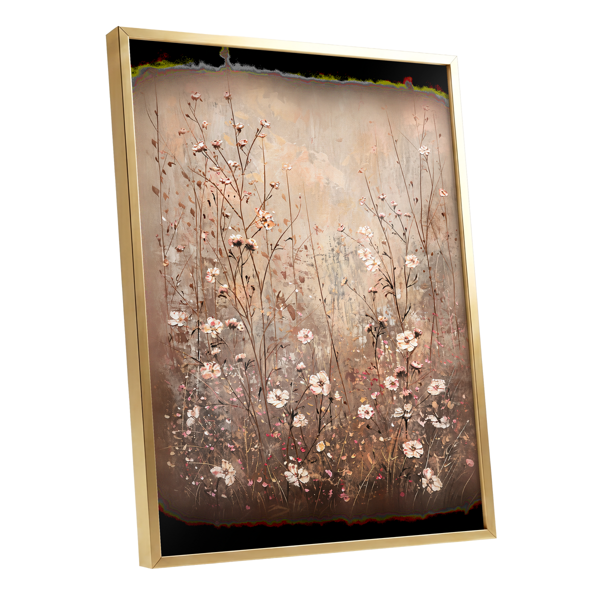 Petals in the Quiet, beige, brown, white floral wall art shown as a gold framed poster wall art print