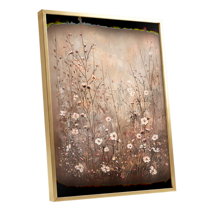 Petals in the Quiet, beige, brown, white floral wall art shown as a gold framed poster wall art print
