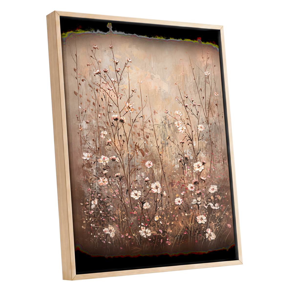 Petals in the Quiet, beige, brown, white floral wall art shown as a oak framed canvas wall art