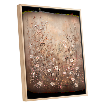 Petals in the Quiet, beige, brown, white floral wall art shown as a oak framed canvas wall art