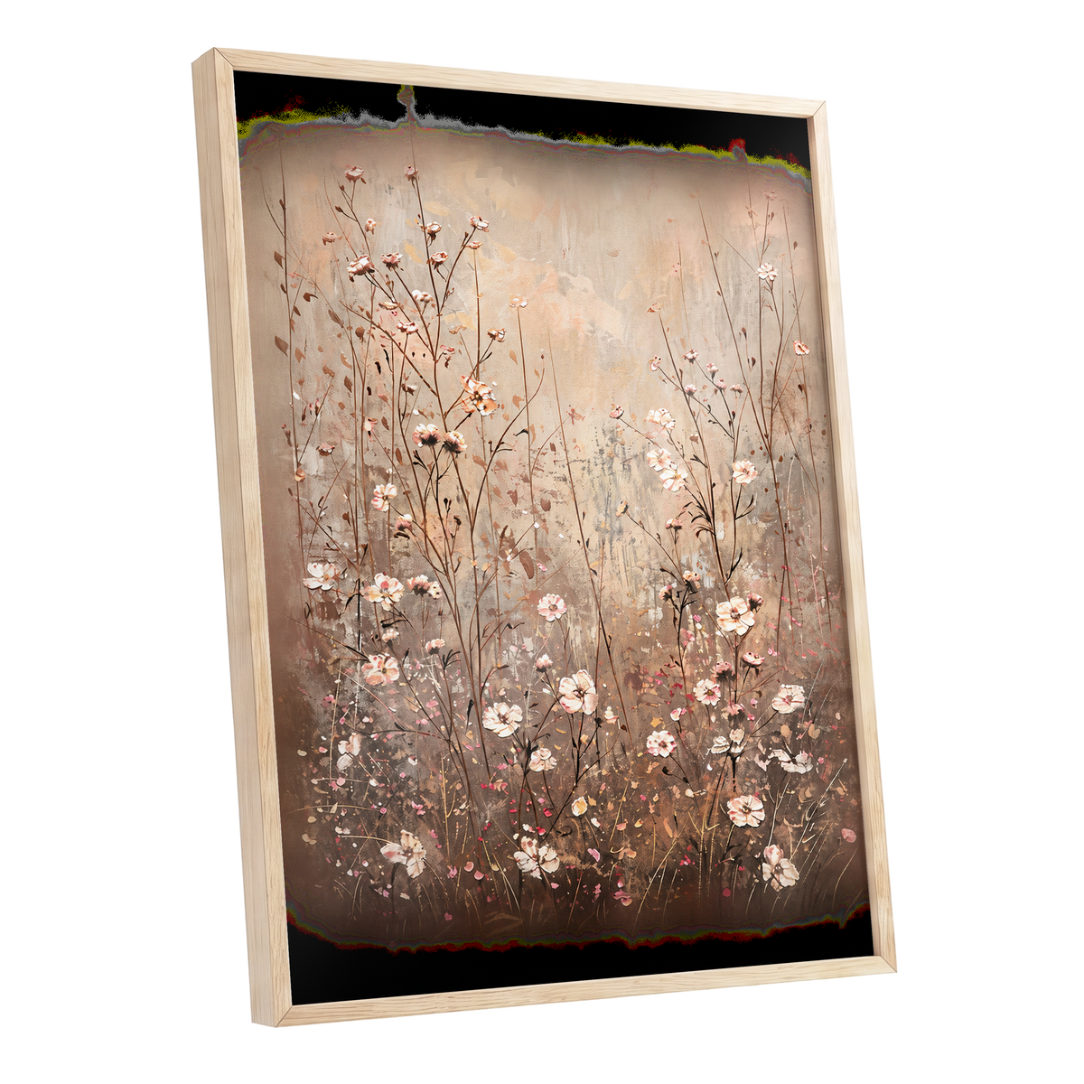 Petals in the Quiet, beige, brown, white floral wall art shown as a oak framed poster wall art print