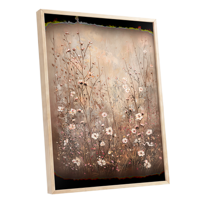 Petals in the Quiet, beige, brown, white floral wall art shown as a oak framed poster wall art print