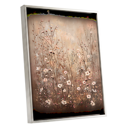 Petals in the Quiet, beige, brown, white floral wall art shown as a silver framed canvas wall art