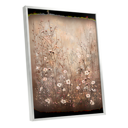 Petals in the Quiet, beige, brown, white floral wall art shown as a silver framed poster wall art print
