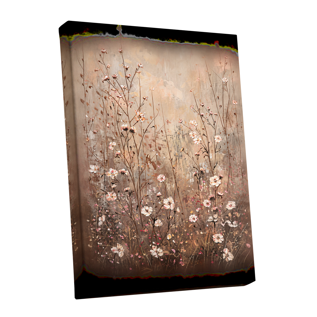 Petals in the Quiet, beige, brown, white floral wall art shown as a stretched canvas wall art