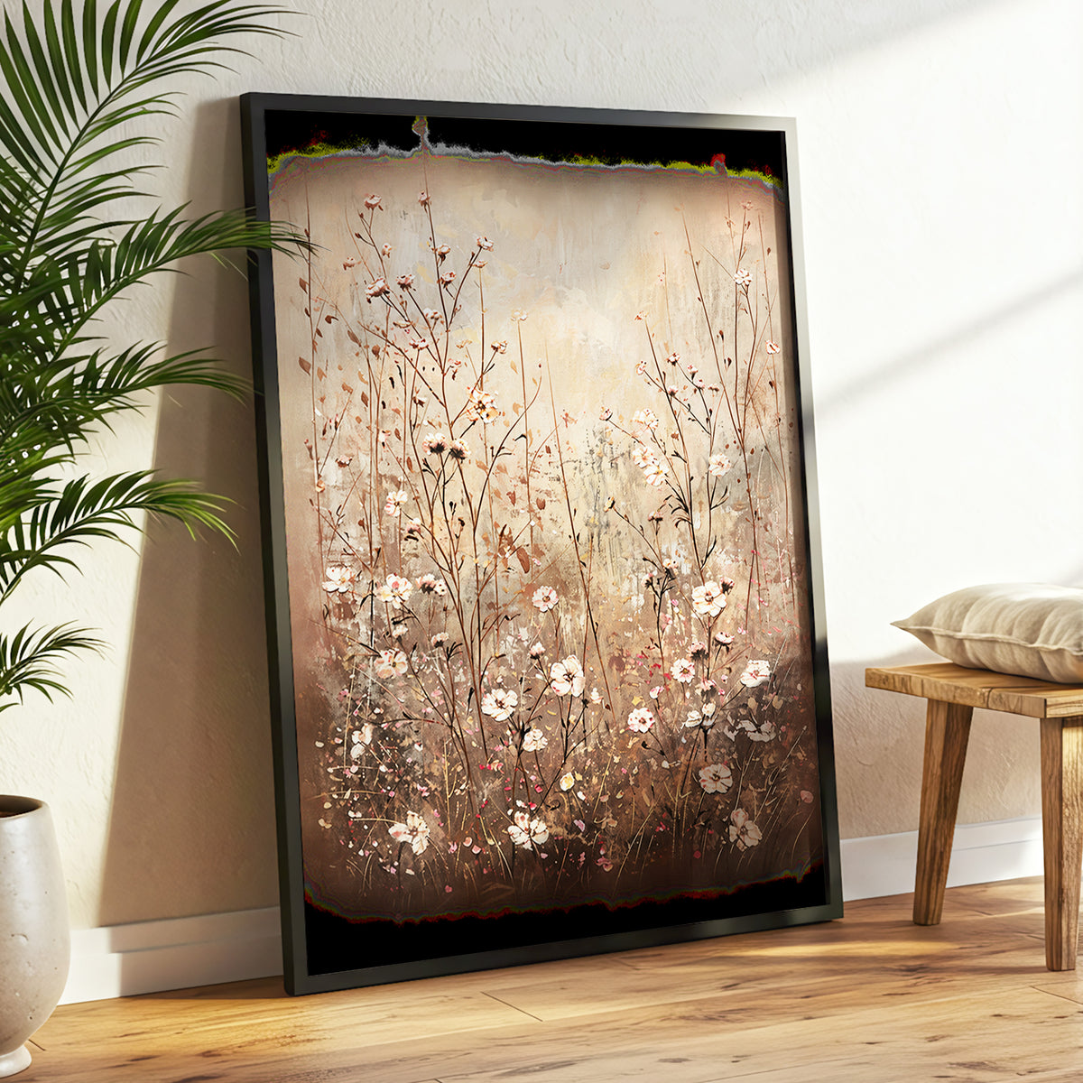 Petals in the Quiet, beige, brown, white floral wall art displayed in a styled interior, gallery view 2