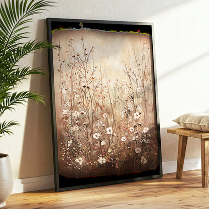 Petals in the Quiet, beige, brown, white floral wall art displayed in a styled interior, gallery view 2