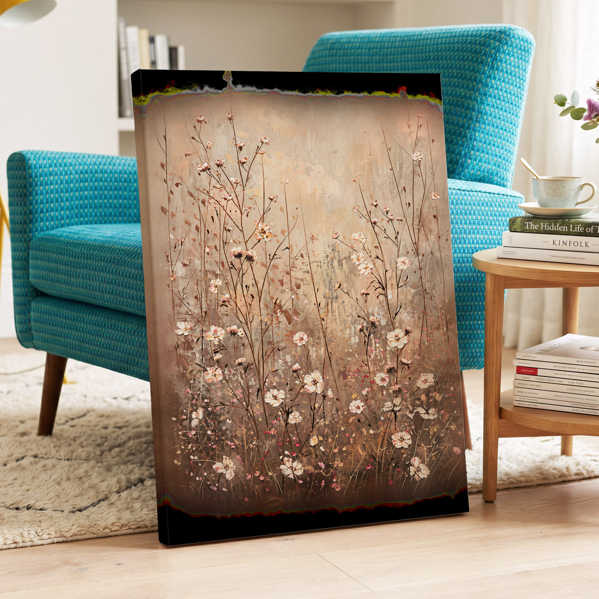 Petals in the Quiet, beige, brown, white floral wall art displayed in a styled interior, gallery view 3