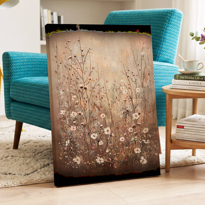 Petals in the Quiet, beige, brown, white floral wall art displayed in a styled interior, gallery view 3