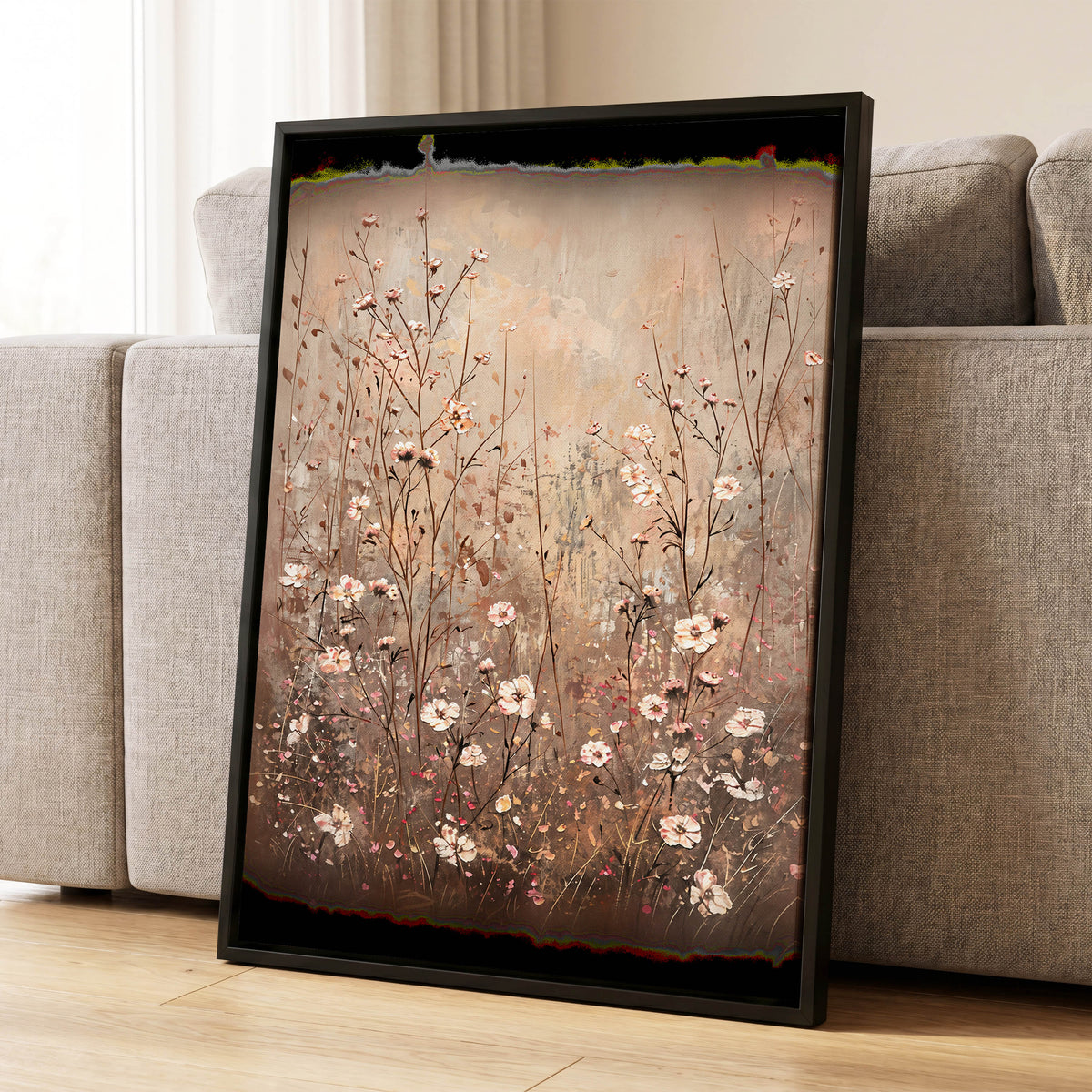 Petals in the Quiet, beige, brown, white floral wall art displayed in a styled interior, gallery view 4