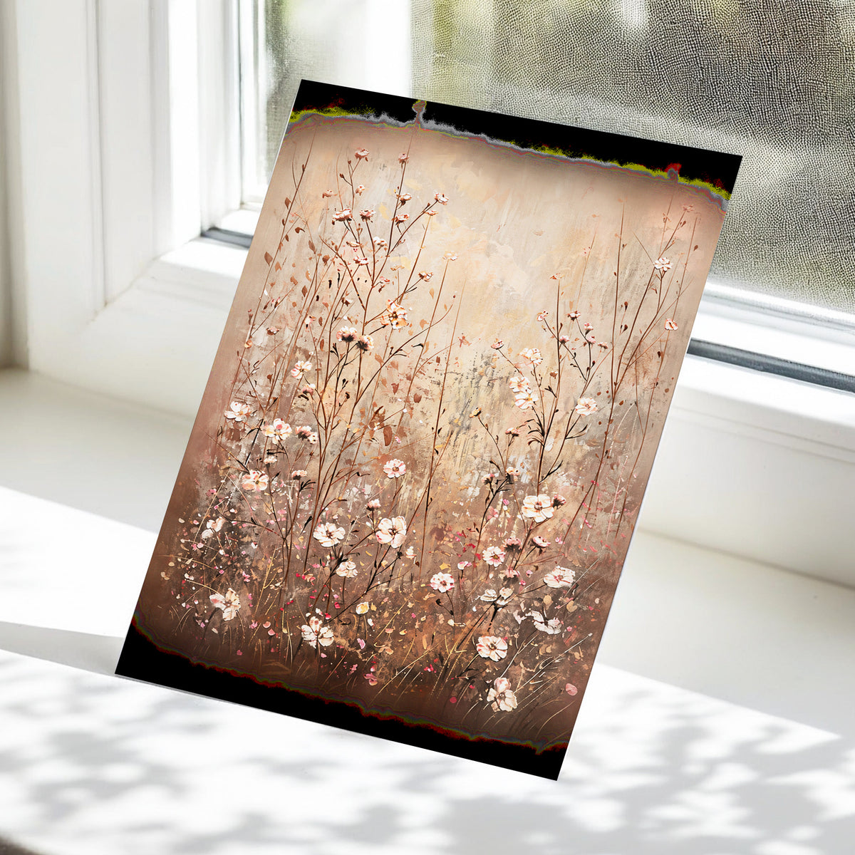 Petals in the Quiet, beige, brown, white floral wall art displayed in a styled interior, gallery view 5