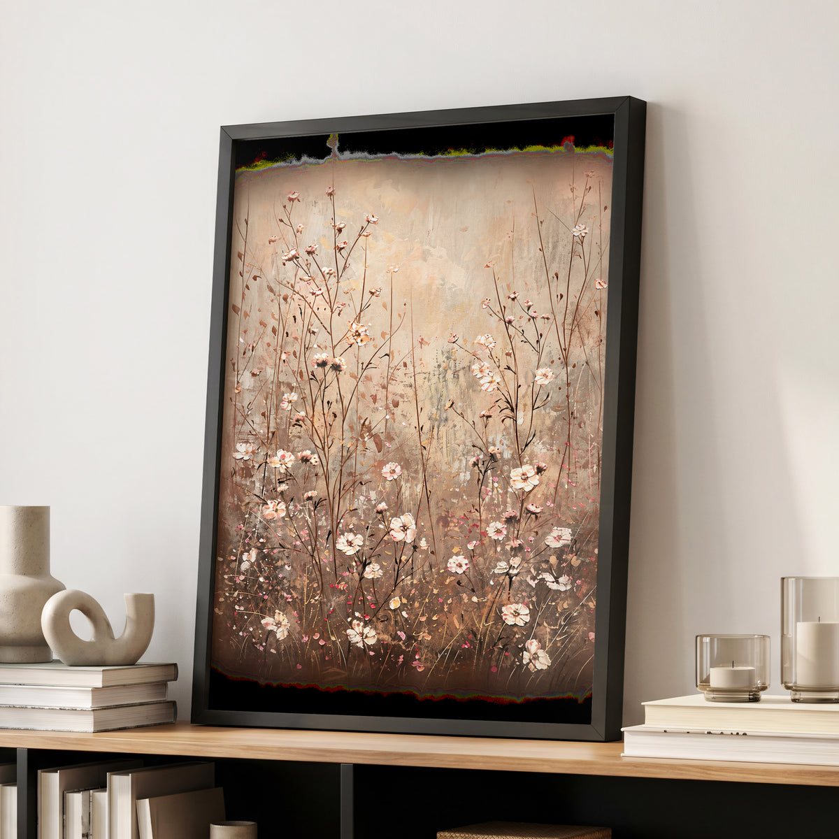 Petals in the Quiet, beige, brown, white floral wall art displayed in a styled interior, gallery view 6