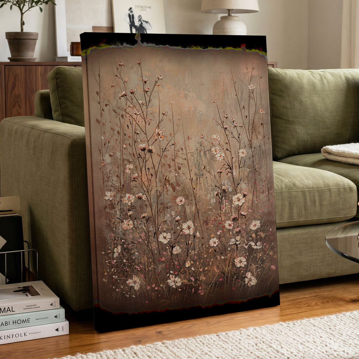 Petals in the Quiet, beige, brown, white floral wall art displayed in a styled interior, gallery view 7