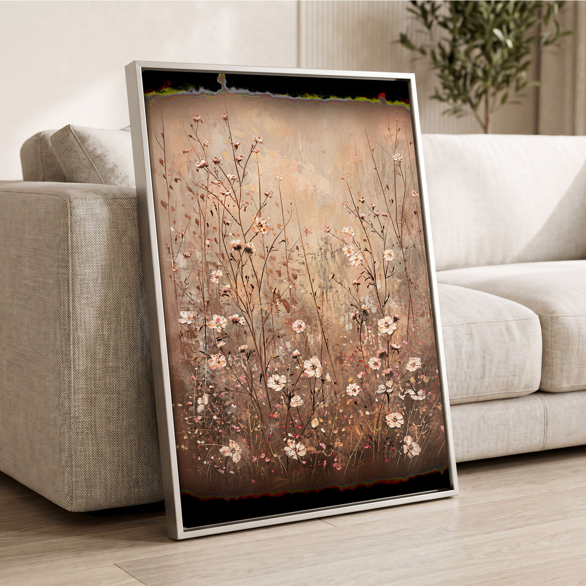 Petals in the Quiet, beige, brown, white floral wall art displayed in a styled interior, gallery view 8