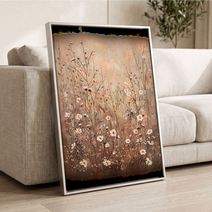 Petals in the Quiet, beige, brown, white floral wall art displayed in a styled interior, gallery view 8