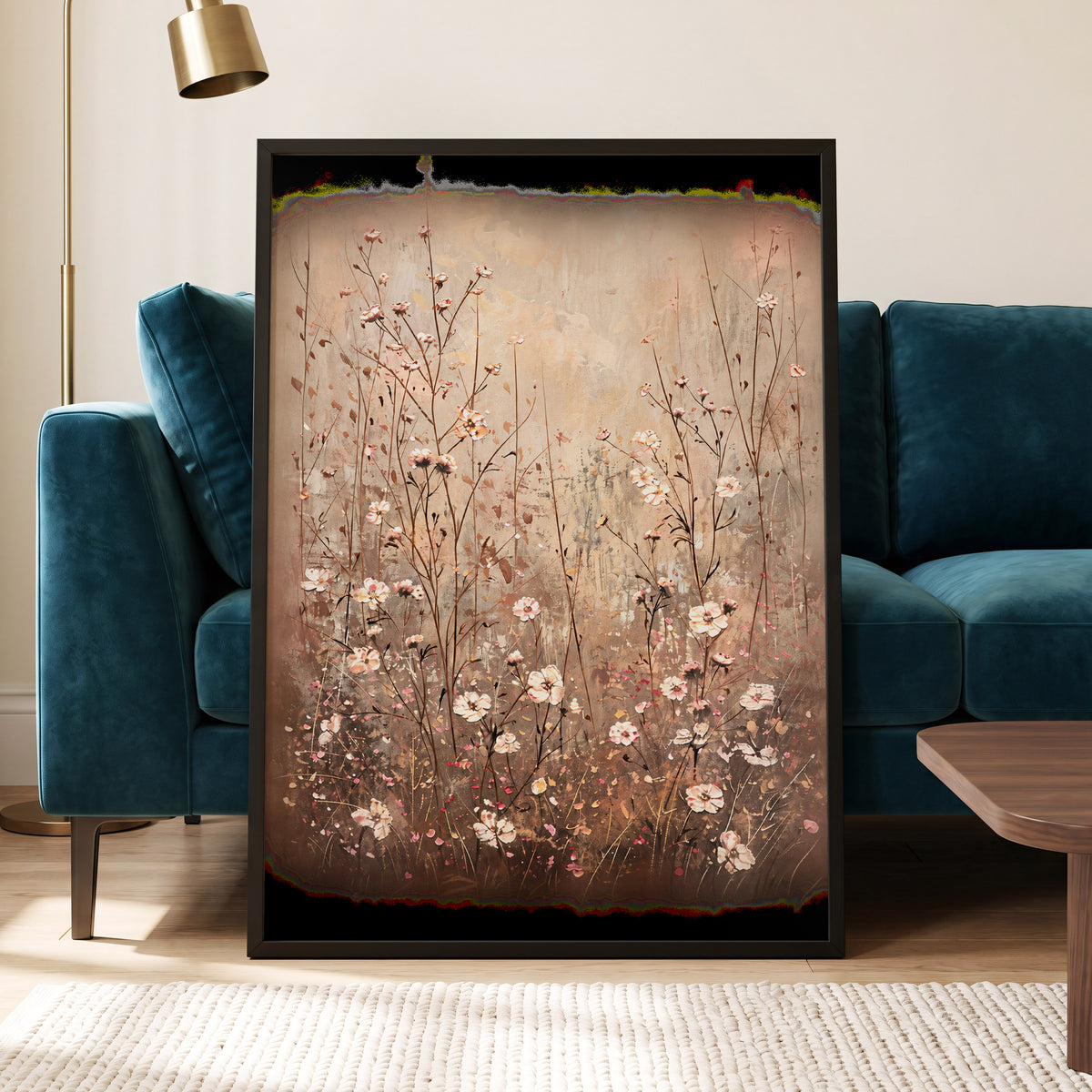 Petals in the Quiet, beige, brown, white floral wall art displayed in a styled interior, gallery view 9