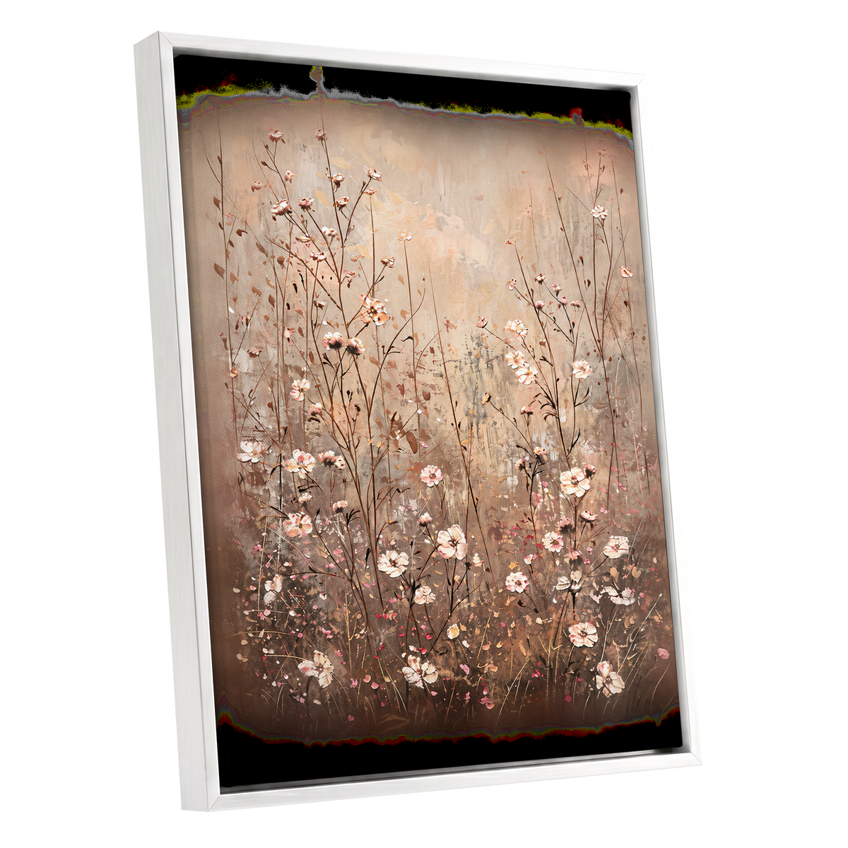 Petals in the Quiet, beige, brown, white floral wall art shown as a white framed canvas wall art